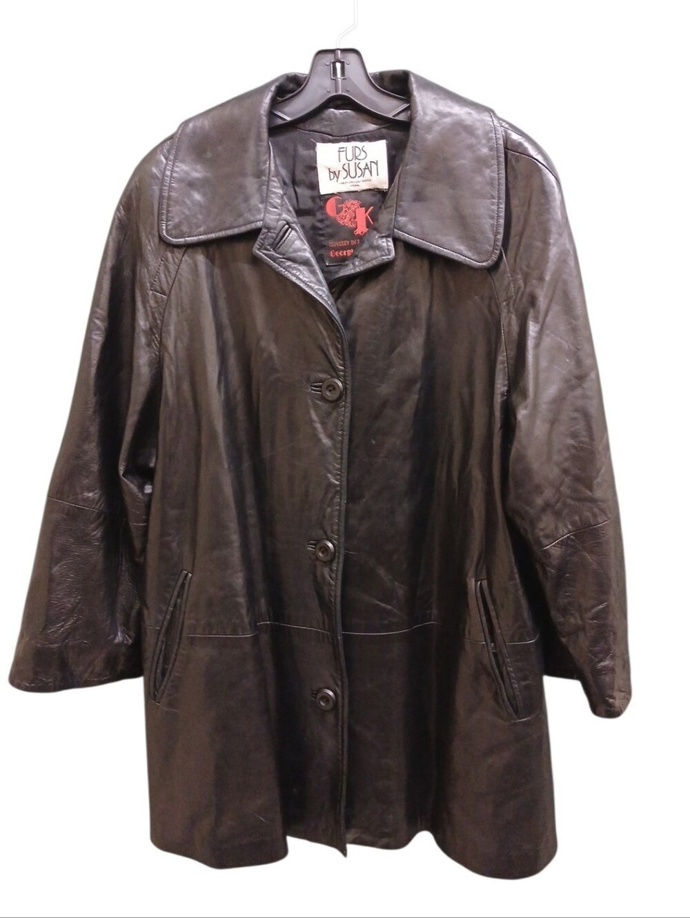 Furs By Susan Vintage Black Leather Button-Front Coat Size Extra Large